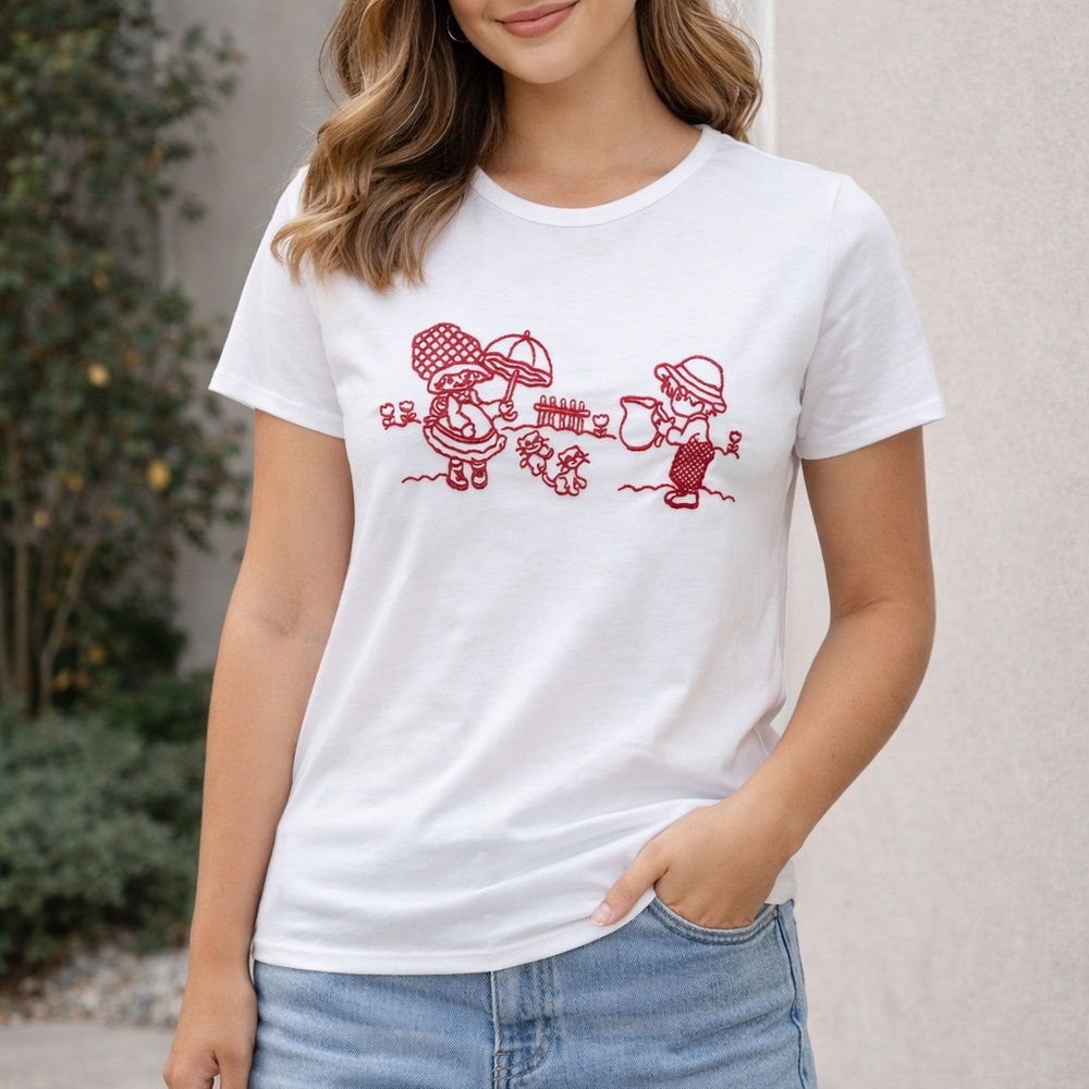 Brandy Melville - John Gault White Tee with Red Beach Embroidery One Size NWT